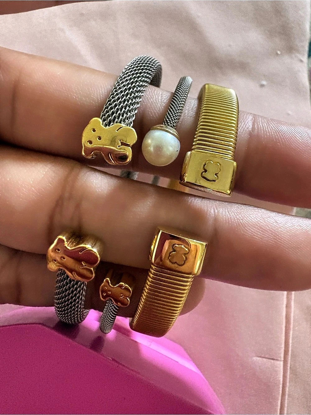 TOUS Icon Mesh Bracelet with Pearl and Bear Motif Gold & Silver